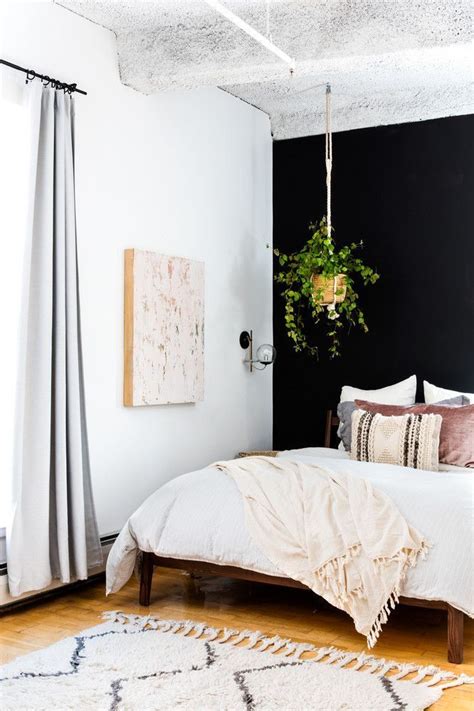 Black Bedroom Accent Wall Hanging Plant Blush Bedding Home Decor