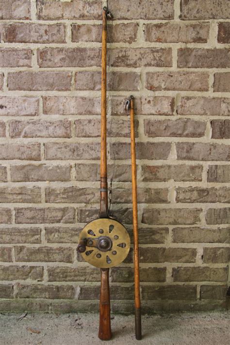 Antique Wooden Fishing Rod Copper Reel Mathews Conveyer Co Halibut