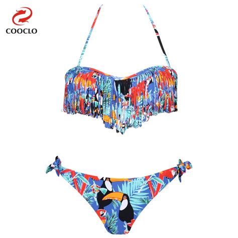 Cooclo Women Sexy Tassel Bikini 2019 Floral Print Lady Bikinis Set Padded Push Up Swimwear Women