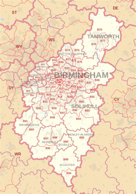 B Postcode Area Map Showing Postcode Districts Post Towns And
