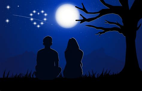 Una Pareja De Hombres Y Mujeres Sentados Bajo Un árbol Con Luna En El Cielo Por La Noche Diseño