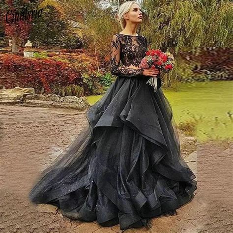 2019 Black Gothic Wedding Dresses Long Sleeves Lace Slash Neck Ruffles
