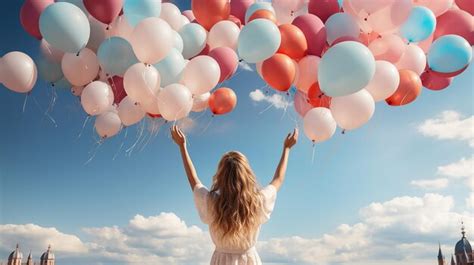 Premium Ai Image Cheering Woman Jumping With Colorful Balloons To