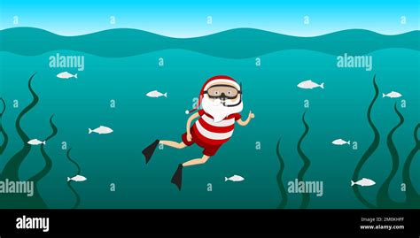 Santa Claus Snorkeling With Mask And Flippers Vector Illustration