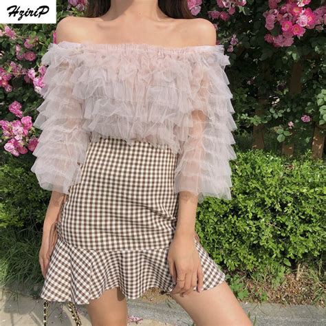 Hzirip Fashion Sexy Shirt Women 2018 New Summer Layers Mesh Chiffon Blouse Tops Karean Half