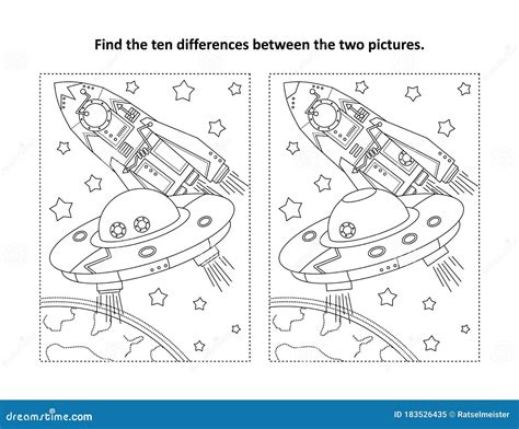 Find The Differences Visual Puzzle And Coloring Page With Ufo Earth