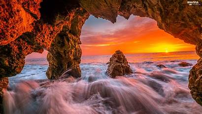 California Rocks Sea Sunsets Waves Cave Views