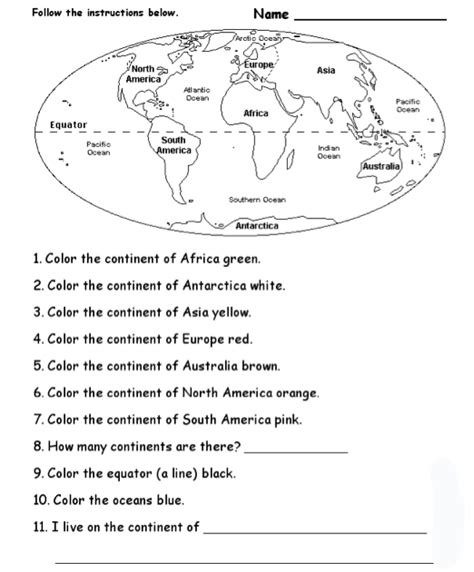 Labeling Continents And Oceans Worksheet