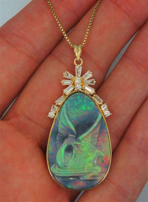 Australian Black Opal Hand Carved Diamond Pendant Ebay Opal
