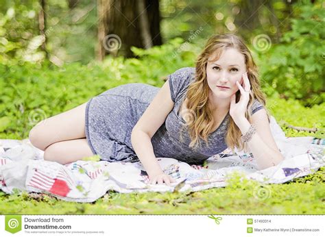 Woman On Picnic Blanket Stock Photo Image Of Beauty