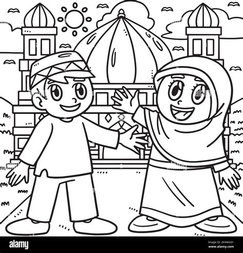 Ramadan Happy Muslim Kids Coloring Page For Kids Stock Vector Image