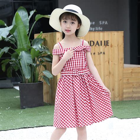 3 13y Girls Princess Dress Plaid Children Word Shoulder Dress Summer