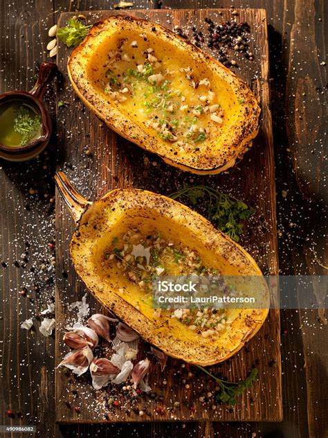 Roasted Spaghetti Squash With Garlic Herb Butter Stock Photo Download