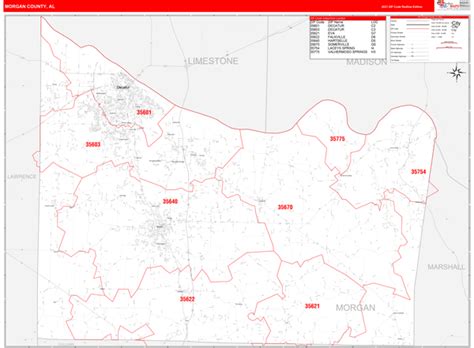Morgan County Al Zip Code Wall Map Red Line Style By