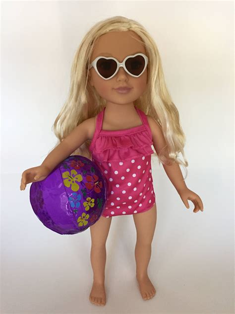 American Girl Doll Sized Polka Dot Swim Suit Set Swimsuit Sunglasses Beach Ball Doll