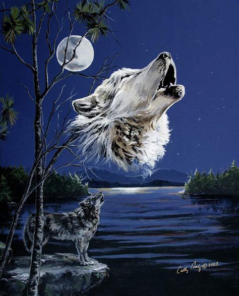 Wolf Howling Full Moon Blue Night Sky Gray Wolf Water Front