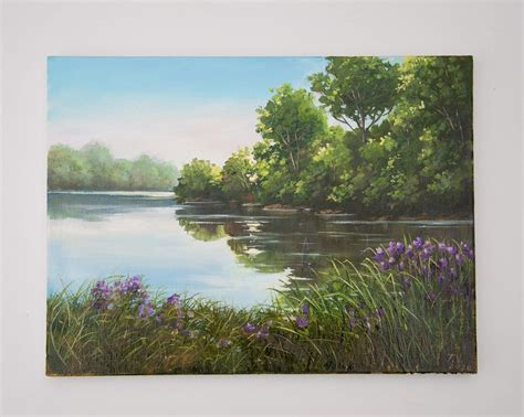 Lake Landscape Oil Painting Original Art Summer Nature Green Forest