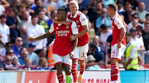 premier league 2022 23 gabriel jesus scores twice in arsenal s 4 2 victory over leicester city