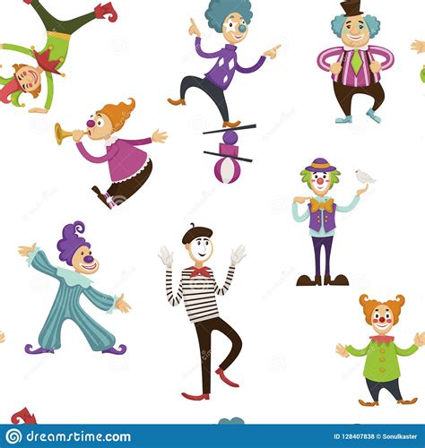 Clown And Mime Entertaining People Seamless Pattern Vector Stock