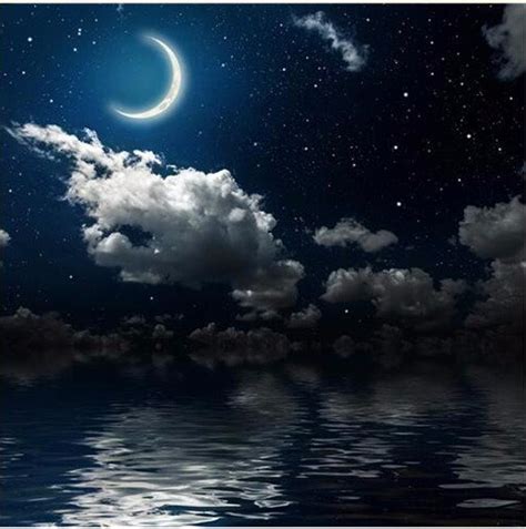 Night Sky Stars Crescent Moon Shining Over Lake Wallpaper