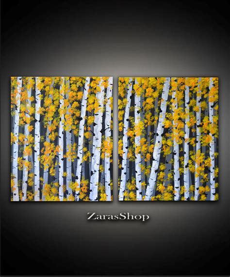 Abstract Yellow Birch Trees Painting Aspen Forest By Zarasshop