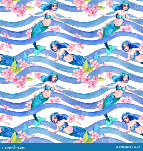 Mermaids Pink Flowers In Sea Waves Girly Seamless Pattern Marine