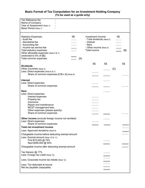 Lessor company name computation of chargeable incom for ya xxxx rm leasing business: Basic Format of Tax Computation for an Investment Holding ...
