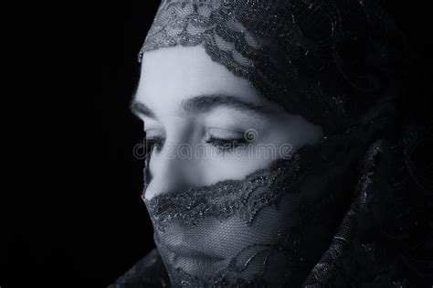 Middle Eastern Woman Portrait Looking Sad With Blue Hijab Artist Stock