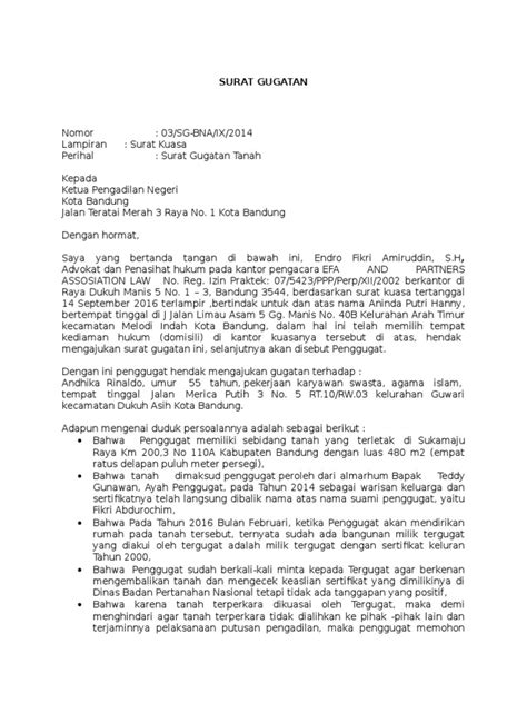 Contoh eksepsi perdata wan prestasi / doc eksepsi dan jawaban tergugat iv dan v irnasari mile academia edu. Contoh Surat Gugatan Perdata Masalah Tanah