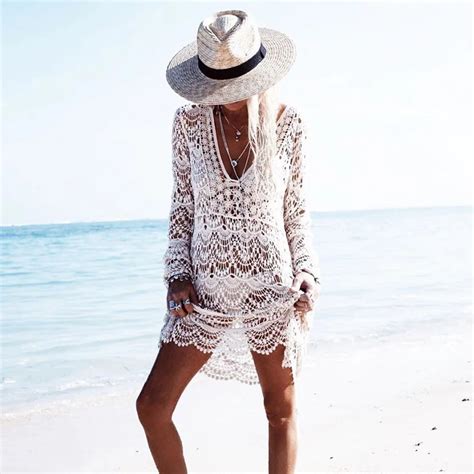 2018 Sexy Beach Cover Up Crochet White Swimwear Dress Ladies Bathing