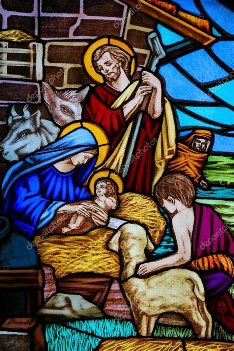 Stained Glass Nativity Scene At Christmas Stock Editorial Photo