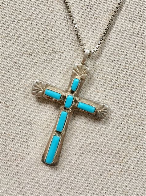 Turquoise Cross Pendant Large Size Sterling Silver Vintage Patina