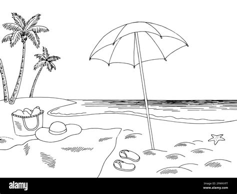 Sea Coast Beach Graphic Black White Landscape Sketch Illustration