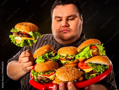 Fat Man Eating Fast Food Hamberger Breakfast For Overweight Person
