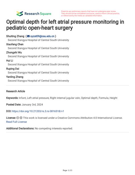 PDF Optimal Depth For Left Atrial Pressure Monitoring In Pediatric
