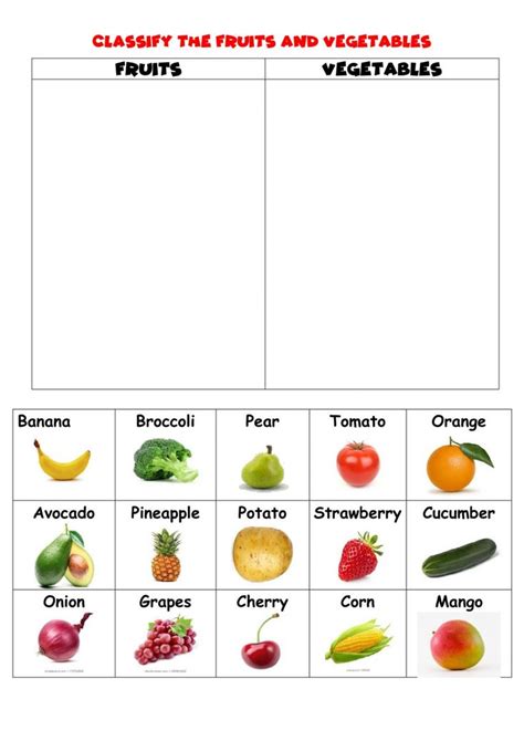 Fruits And Vegetables Classify Worksheet Fruits For Kids Food