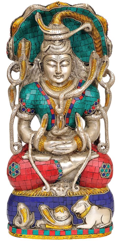 Meditating Shiva Under Serpent Inlay Statue In Brass Handmade