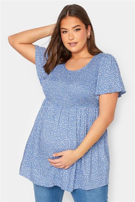 Bump It Up Maternity Plus Size Blue Spot Print Shirred Top Yours Clothing