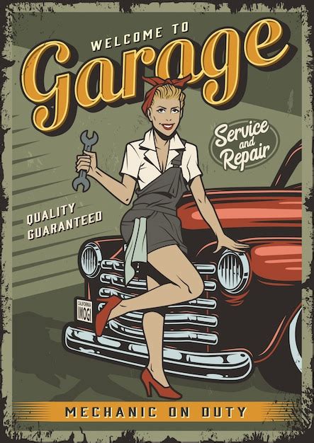 Modèle Daffiche De Service De Garage Vintage Avec Pin Up Girl