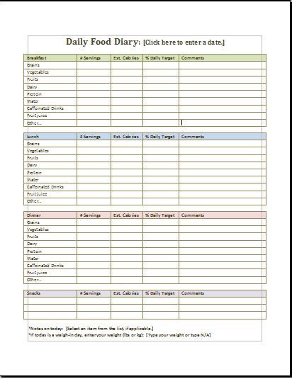 daily food diary chart template printable medical forms