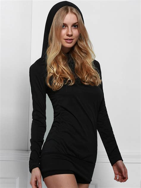 [49 off] trendy black hooded finger hollow out long sleeve bodycon dress for women rosegal