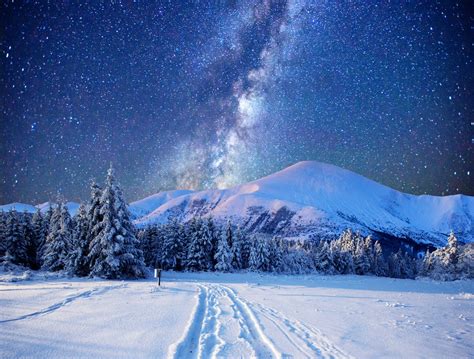 Starry Sky Over Winter Landscape 4k Ultra Hd Wallpaper Background
