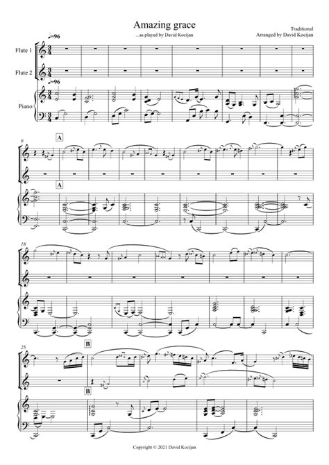 Amazing Grace Trio Piano And 2 Flutes Arr David Kocijan Sheet Music