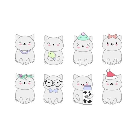 Big Kawaii Set Of Doodle Cute Sweet Cats Sketch Characters Hand Drawn