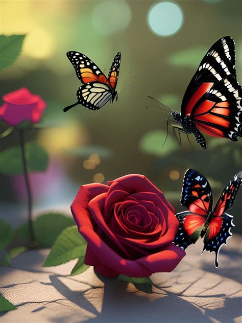 Three Butterflies Flying Over A Red Rose