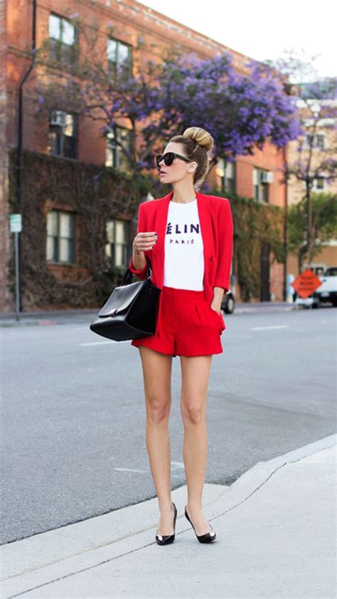 Red Shorts Suit Chic Fashion Style Street Style