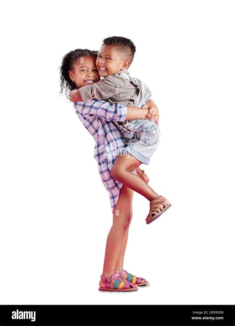 Love Smile And Sister With Brother Hug And Portrait Isolated Against