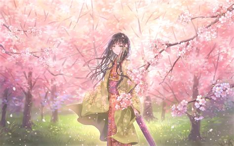 Download Wallpaper 3840x2400 Girl Kimono Umbrella Sakura Petals
