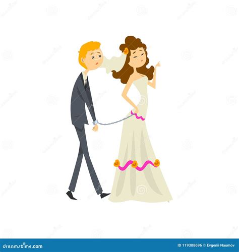 Bride Leading Her Henpecked Groom On A Leash Couple Of Newlyweds Cartoon Vector Illustration On