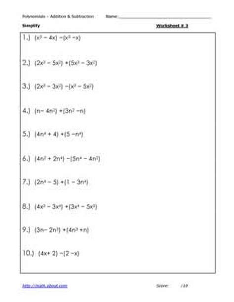 Subtracting Polynomials Worksheet Answer Key
